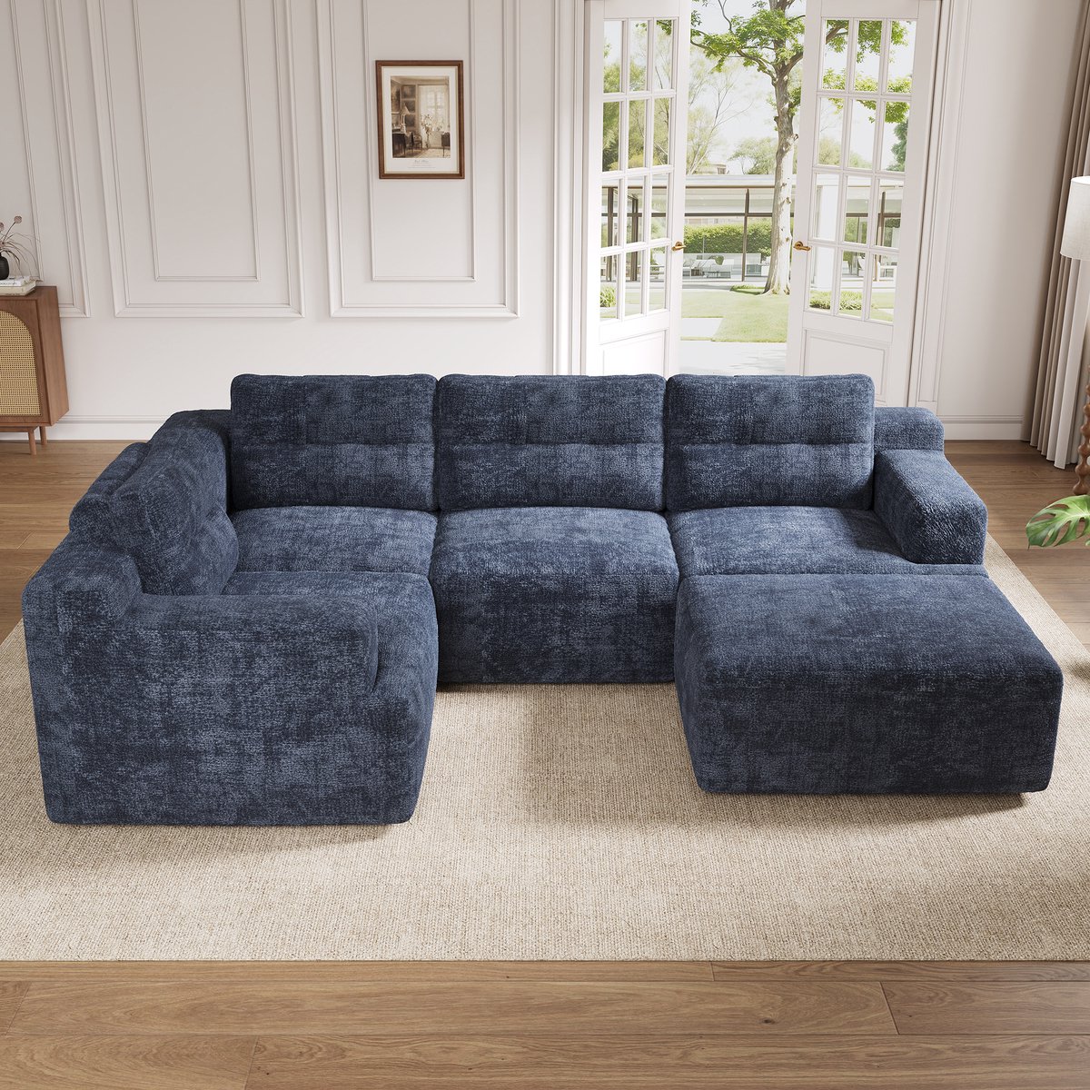 Woonkamer Hoekbank, 5-Zitsbank, L-Bank, U-Bank, Modulaire Combinatiebank, Flexibel Te Configureren Als L-Vorm Of U-Vorm, Frameloze Constructie Van Schuim, Geen Montage Nodig, Chenille Bekleding-Blauw