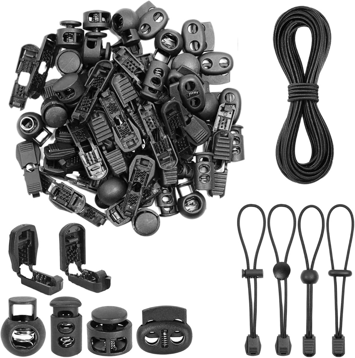 Elastic touw 10 m zwart - 3 mm dikte - met 40 clips en 40 koordstoppen - ideaal voor klussen en buitenactiviteiten - ShopVlot