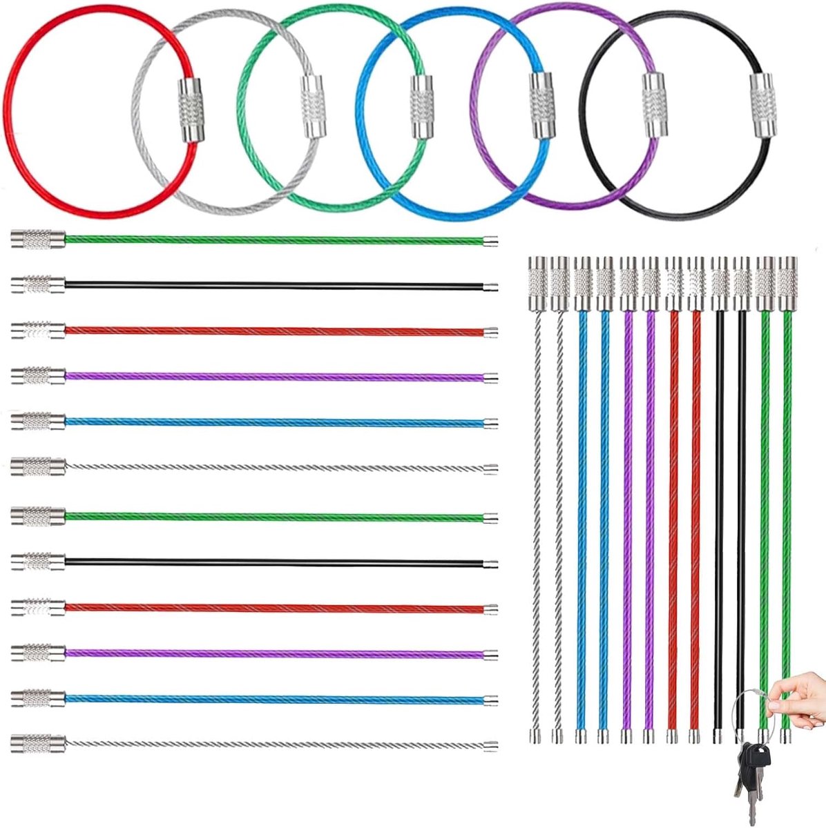 Keychain kabel 15 cm - 6 stuks in diverse kleuren - sterke roestvrijstalen lus - ideaal voor wandelen - ShopVlot