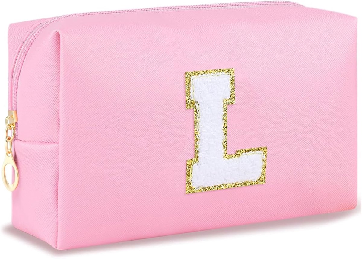 Make-uptas met letter L - Roze PU-leer - Gepersonaliseerd ontwerp - Elegant voor jouw schoonheidsroutine - ShopVlot
