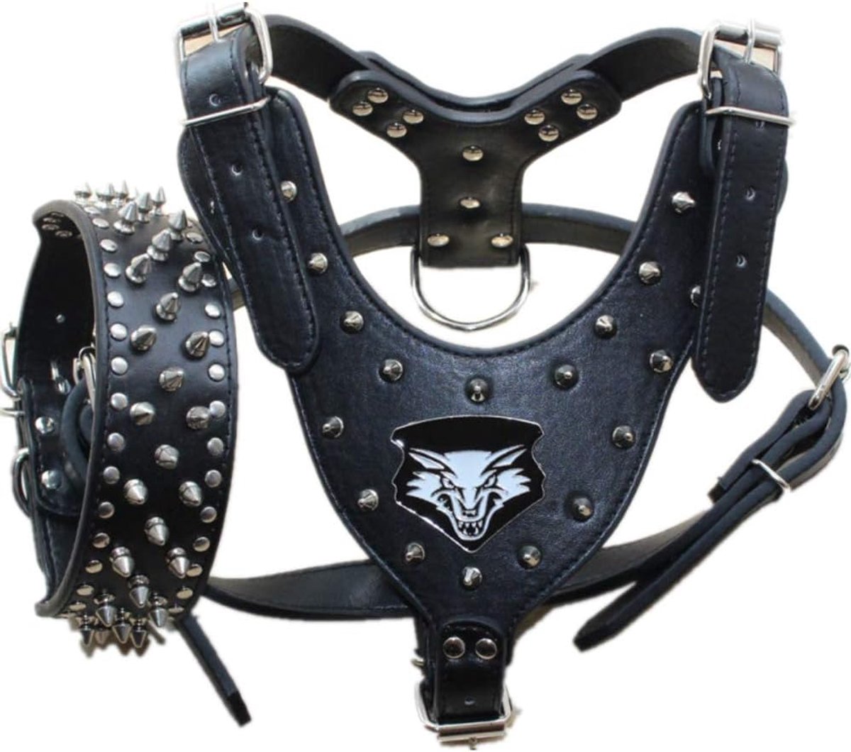 Hondenhalsband en Harnas Set - Zwart PU Leer - Gekruist Met Spikes - Comfortabel voor Hiking - ShopVlot