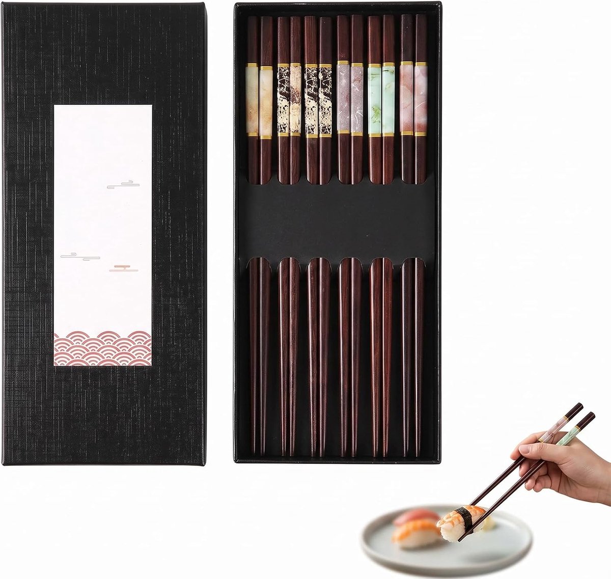 Herbruikbare eetstokjes set van 10 paar - elegante geschenkdoos - marmeren patronen - perfect voor sushi - ShopVlot