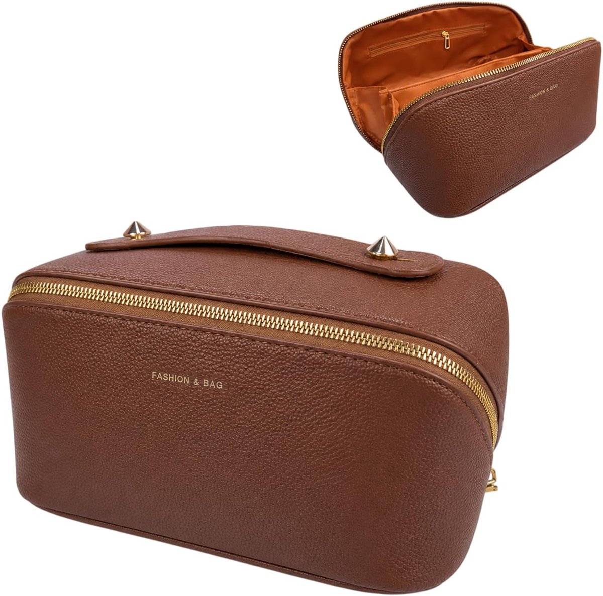 Thijox - Kosmetiktasje Dames Groot, Makeup Tas Toiletbag PU Leder Reis Organizer voor Skincare, Penselen en Accessoires in Classic Bruin
