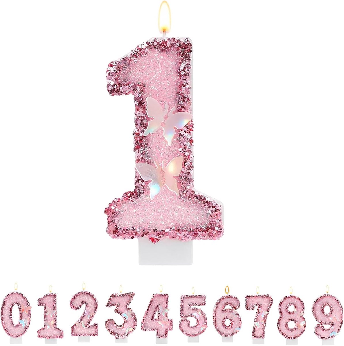 Verjaardagskaars met Nummer 1 - Roze Glitter - Combinabele Vlinderkaars - Perfect voor Taartdecoratie - ShopVlot