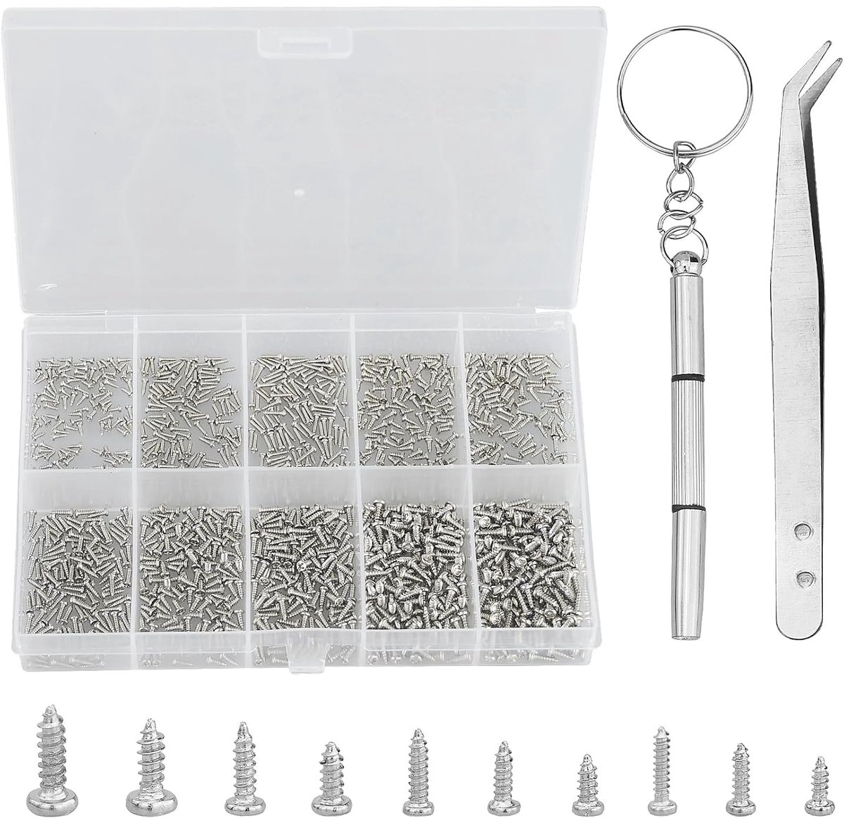 Mini zelftappende schroeven set 1200 stuks - M1/M1.2/M1.4/M1.7 - micro ronde kop - ideaal voor brillen en horloges - ShopVlot