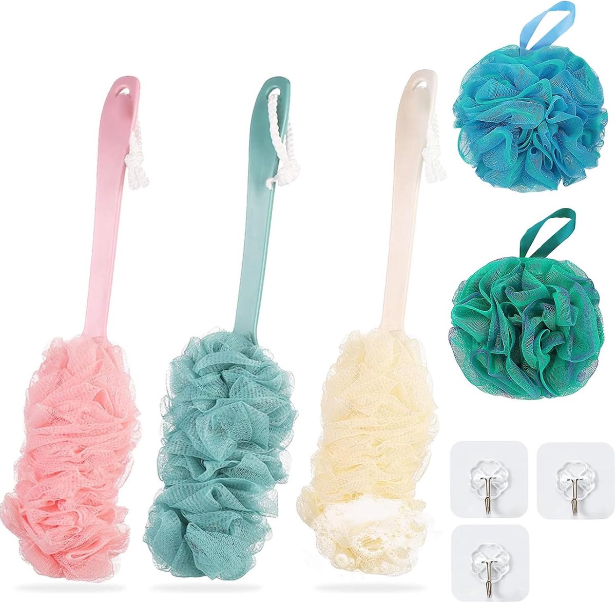 Douche spons met lange handgreep - 5-delige set - zachte mesh - voor een comfortabele lichaamsreiniging - SnelShoppen
