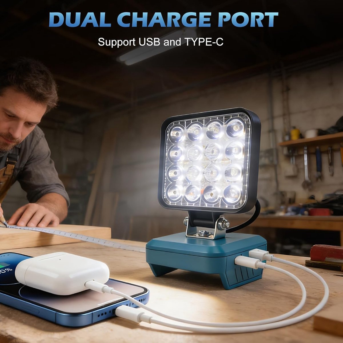 LED werklicht 48W - Draagbaar en oplaadbaar - Dubbele laadpoorten - Ideaal voor bouwplaatsen - SnelShoppen