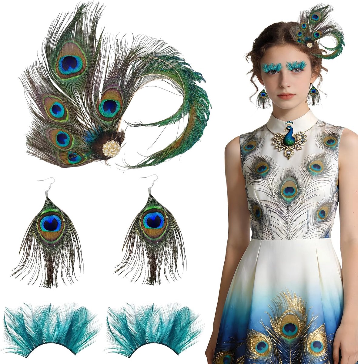 SnelShoppen - Dames Pavo Kostuum - Pavo Veren Haaraccessoires, Neppenv lashes & Pavo Oorbellen voor Carnaval, Halloween, Themafeesten en Cosplay