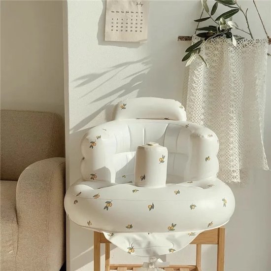 Opblaasbaar baby leert-zitstoel olijfprint wit 50×58×37 cm, opblaas speelzitje met bekerhouder, draagbaar waterbestendig babyzitje voor thuis en op reis — afbeelding 2