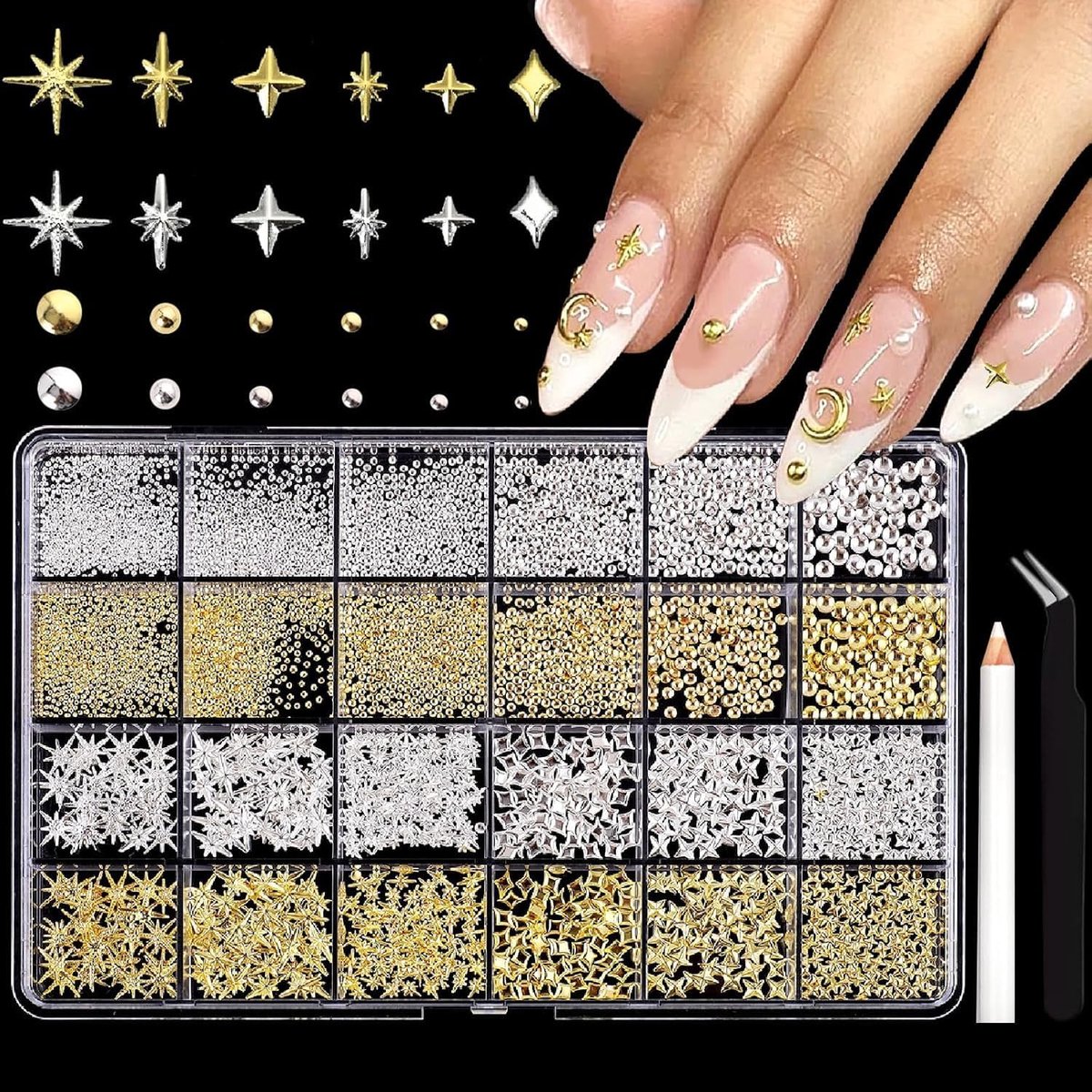 Nail Art Decoraties - 3D Sterren en Caviar Perlen - Multi-Formen in Goud en Zilver - Perfect voor Elegante Manicure - SnelShoppen