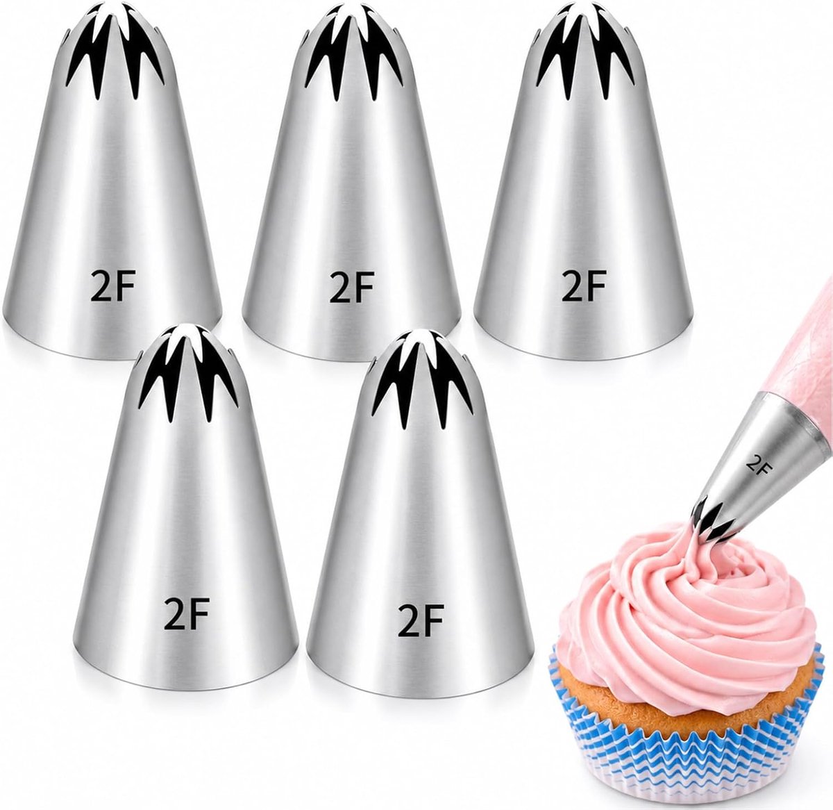 Set van 5 "2F"-spuitmondjes – Geschikt voor bakken, taartdecoratie, keuken en catering (zilver) | Roestvrijstalen spuitmondjes voor koekjes, taarten en zelfgemaakte crèmedecoraties