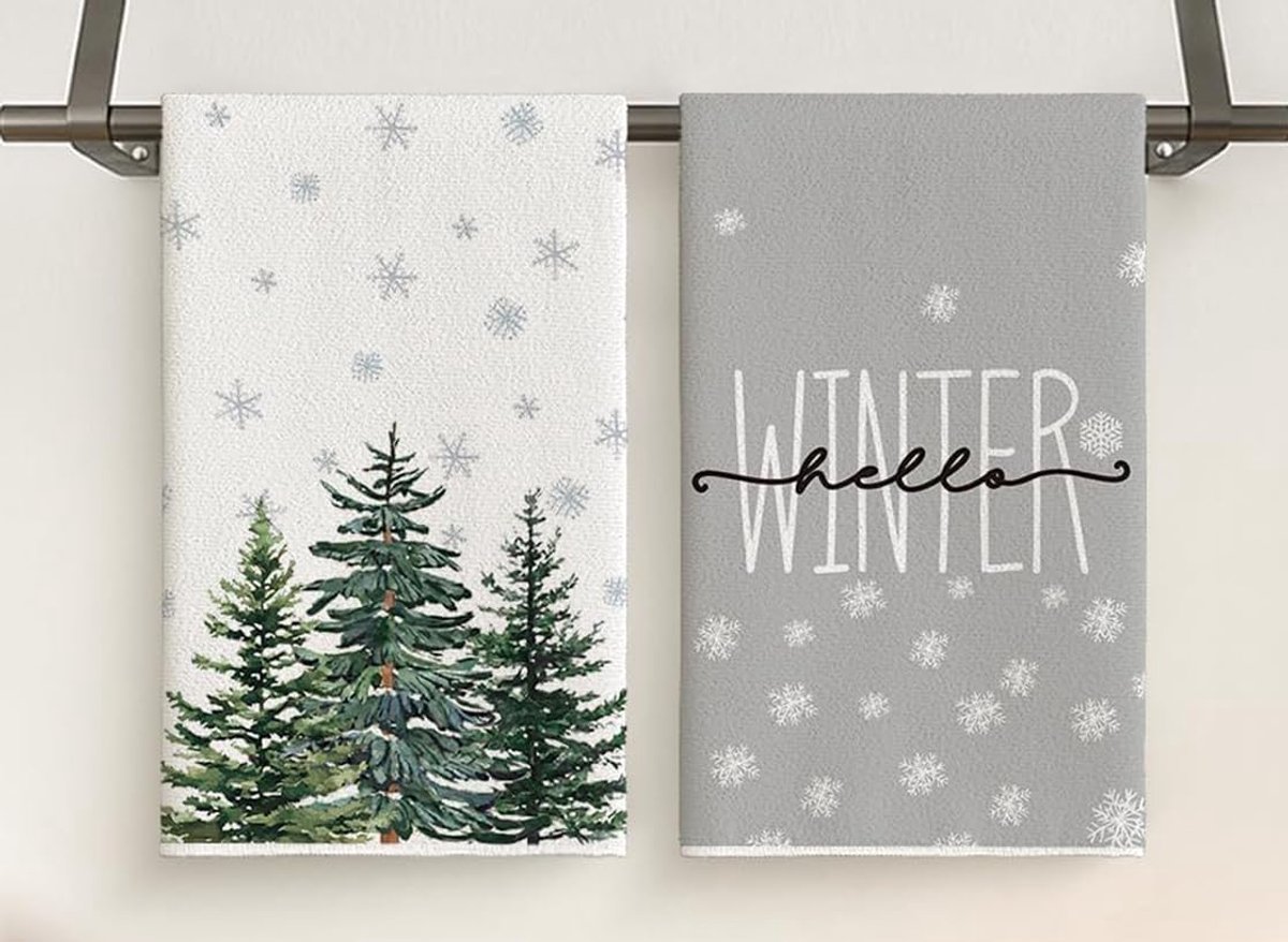 Keukenhanddoeken set van 2 - kerstboom en sneeuwvlokken - witte en grijze polyester - SnelShoppen