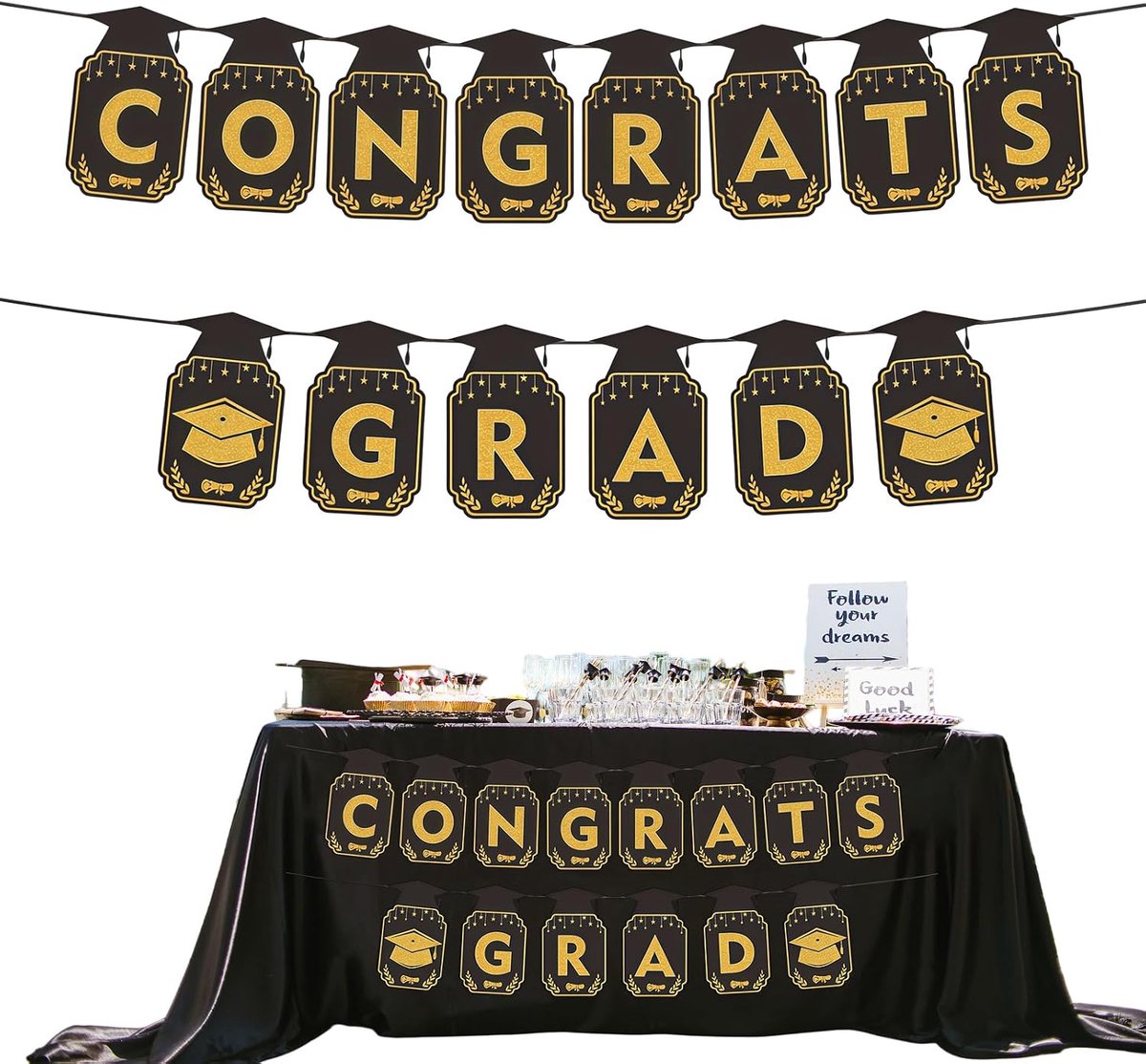 Afstudeerdecoratie set - Geslaagd versiering - Feest versieren - 3-delig zwart goud - 3 meter koord - Zwart goud