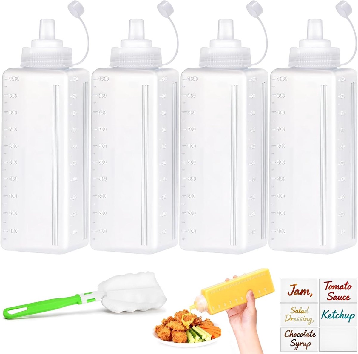 Squeeze fles 1000 ml - kunststof fles met dop - lekvrije dispenser - ideaal voor sauzen en schilderen - SnelShoppen