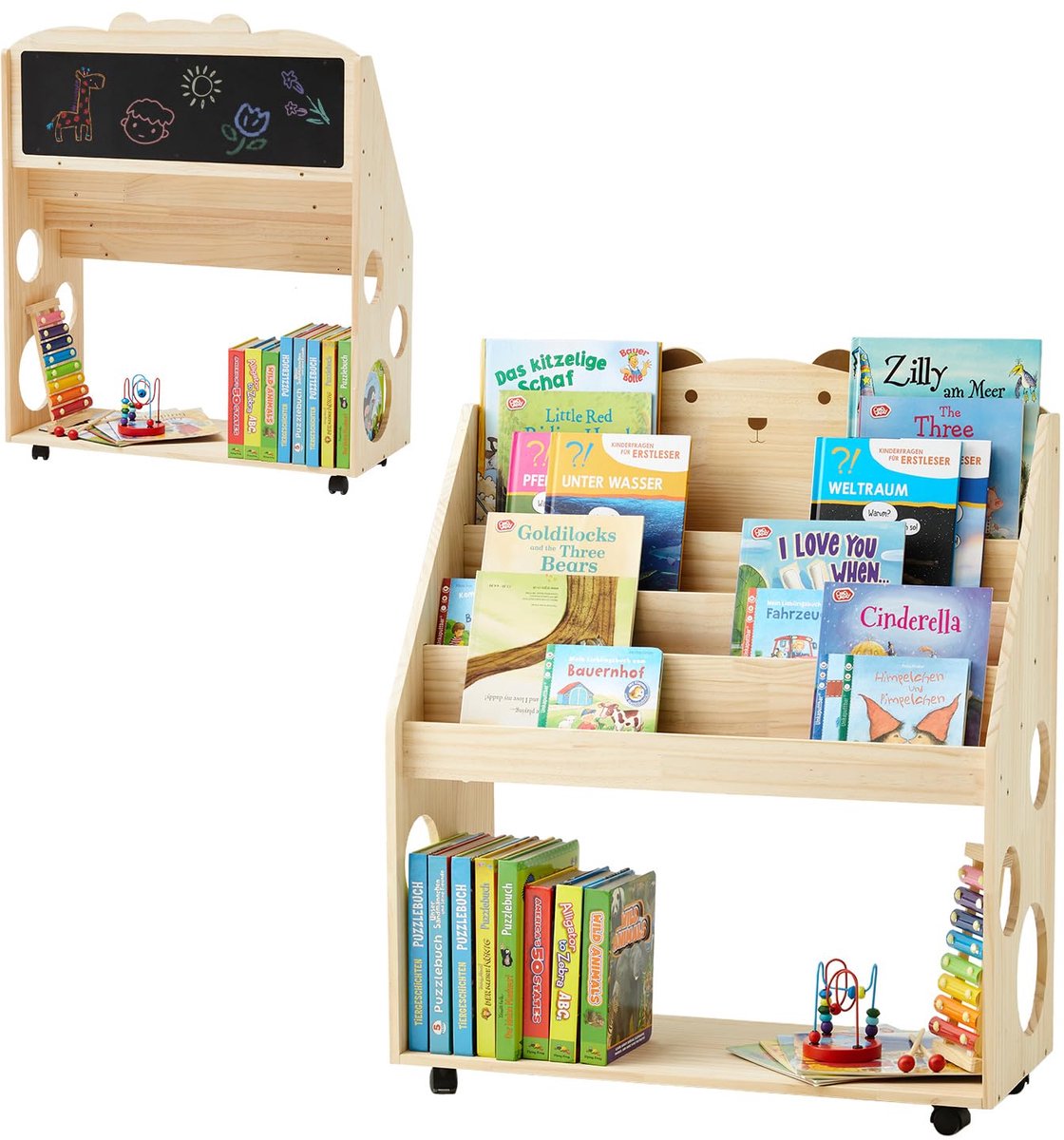 Montessori Kinderboekenkast met Wielen en Bord - 5 Niveaus Houten Boekenplank voor Kinderen - Speelgoedrek en Opbergkast voor Boeken, Speelgoed en Accessoires - Mobiele Kinderkast met Ruimtebesparend Design -