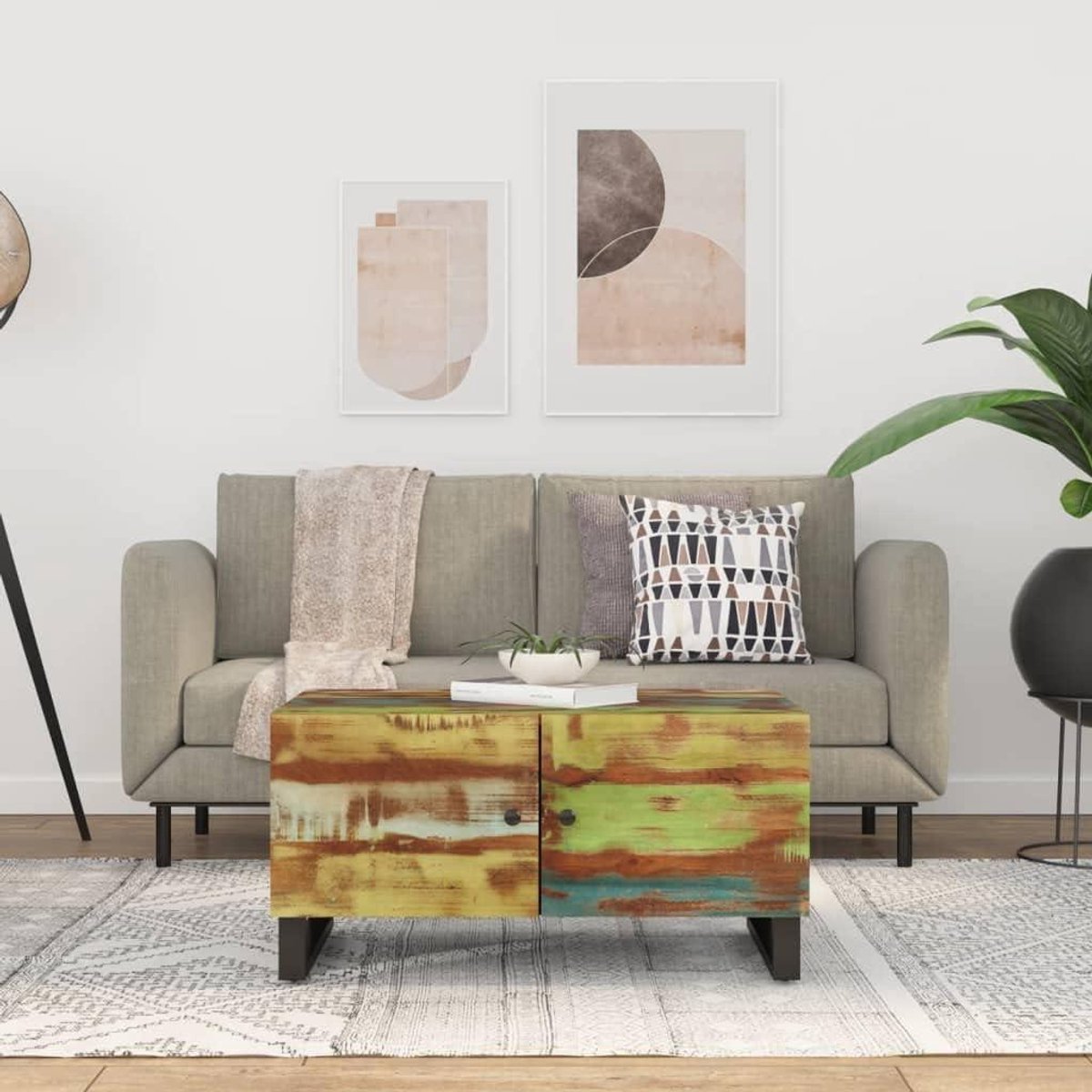 Salontafel Massief Hout - Houten Tafel - Opbergen Woonkamer - Twee Vakken Deuren - 80 x 50 x 40 cm