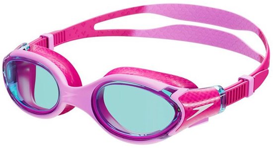 Roze zwembril met lichtblauwe lenzen en een roze band met patroon.