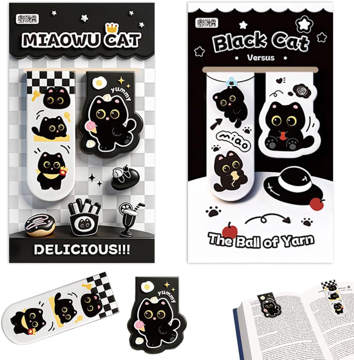 Boekenleggers set - 4 magnetische boekenleggers - zwart kattenaccessoire - ideaal voor kinderen en studenten - ShopVlot
