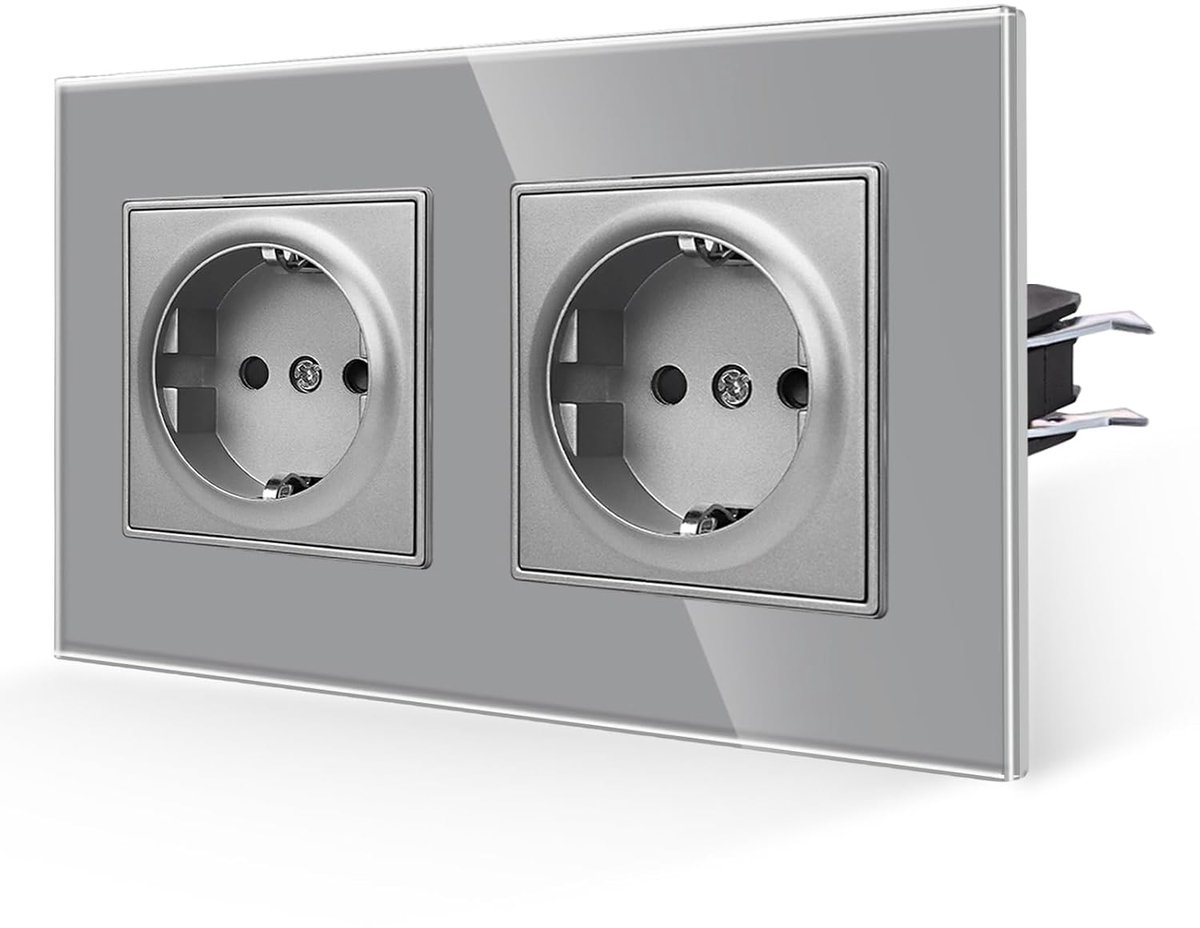 Dubbele Wandcontactdoos 16 Amp - Grijze Geaard Tempered Glasplaat - Eenvoudig te Installeren - ShopVlot
