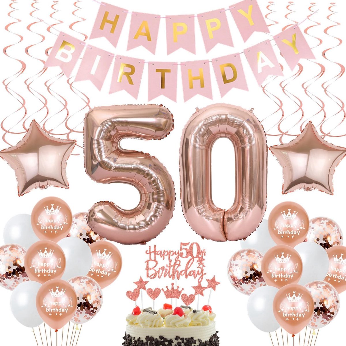 Verjaardagsdecoratie 50 jaar - rosegoud - ballonnen set - feestelijke uitstraling voor vrouwen - ShopVlot