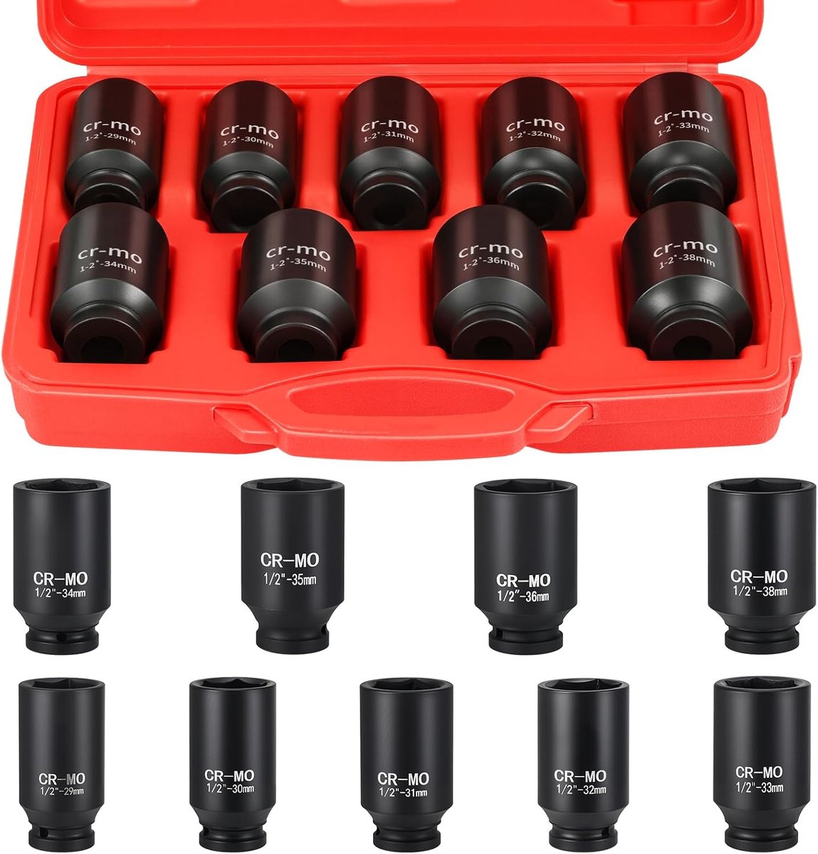 Diepe slagdopset 9 stuks 29-38 mm - CR-MO 6-punts - Voor slagmoersleutel - Ideaal voor auto-wielnaafverwijdering - ShopVlot