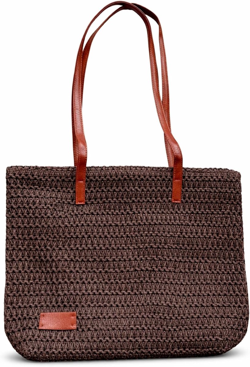 Strandtas 40 x 31 x 10 cm - gehaakte stro - met neplederen handvatten - perfect voor een dagje strand - ShopVlot