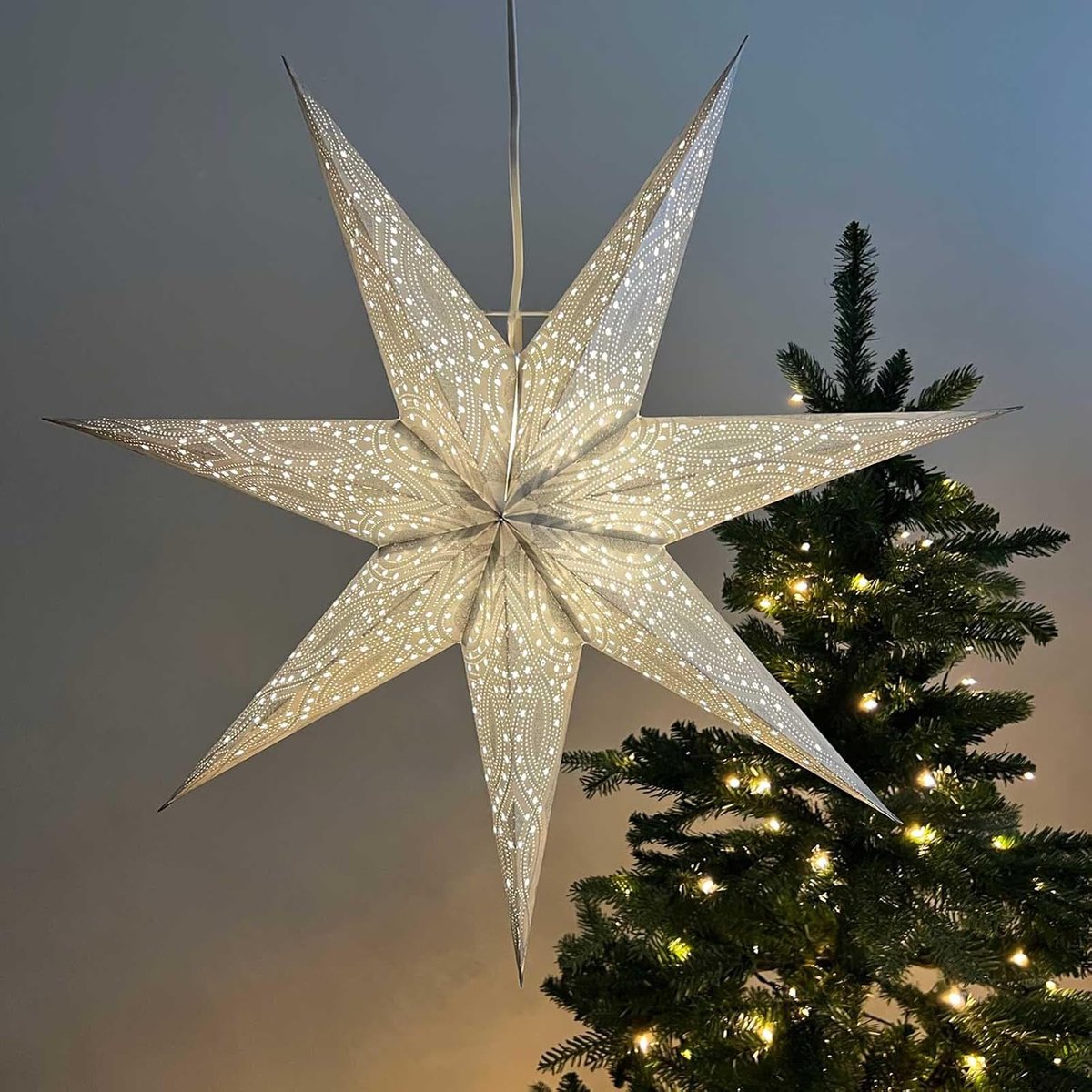 Papieren kerstdecoratie Nova kerstster 60cm - zilver met glitters - handgemaakt - sfeervolle verlichting - ShopVlot
