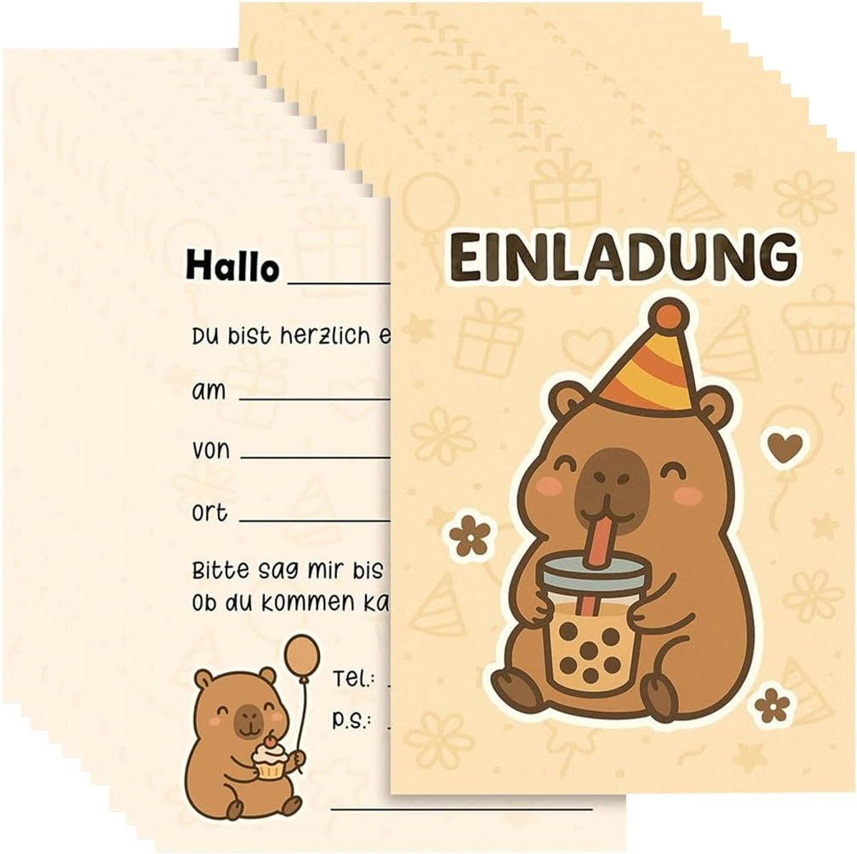 Uitnodigingskaarten verjaardag - Capibara-design - 12 unieke kaarten - voor kinderverjaardag - ShopVlot