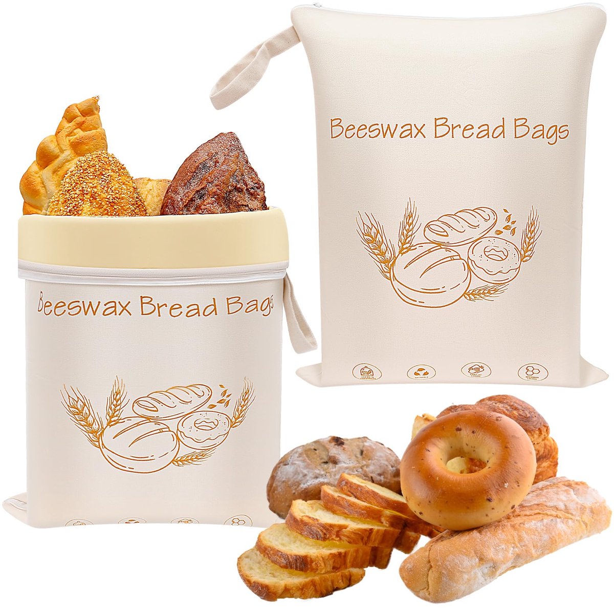 Bijenwasbroodzakken 42 x 33 cm - 100% katoen - L-ritssluiting - Voor verse levensmiddelen - ShopVlot