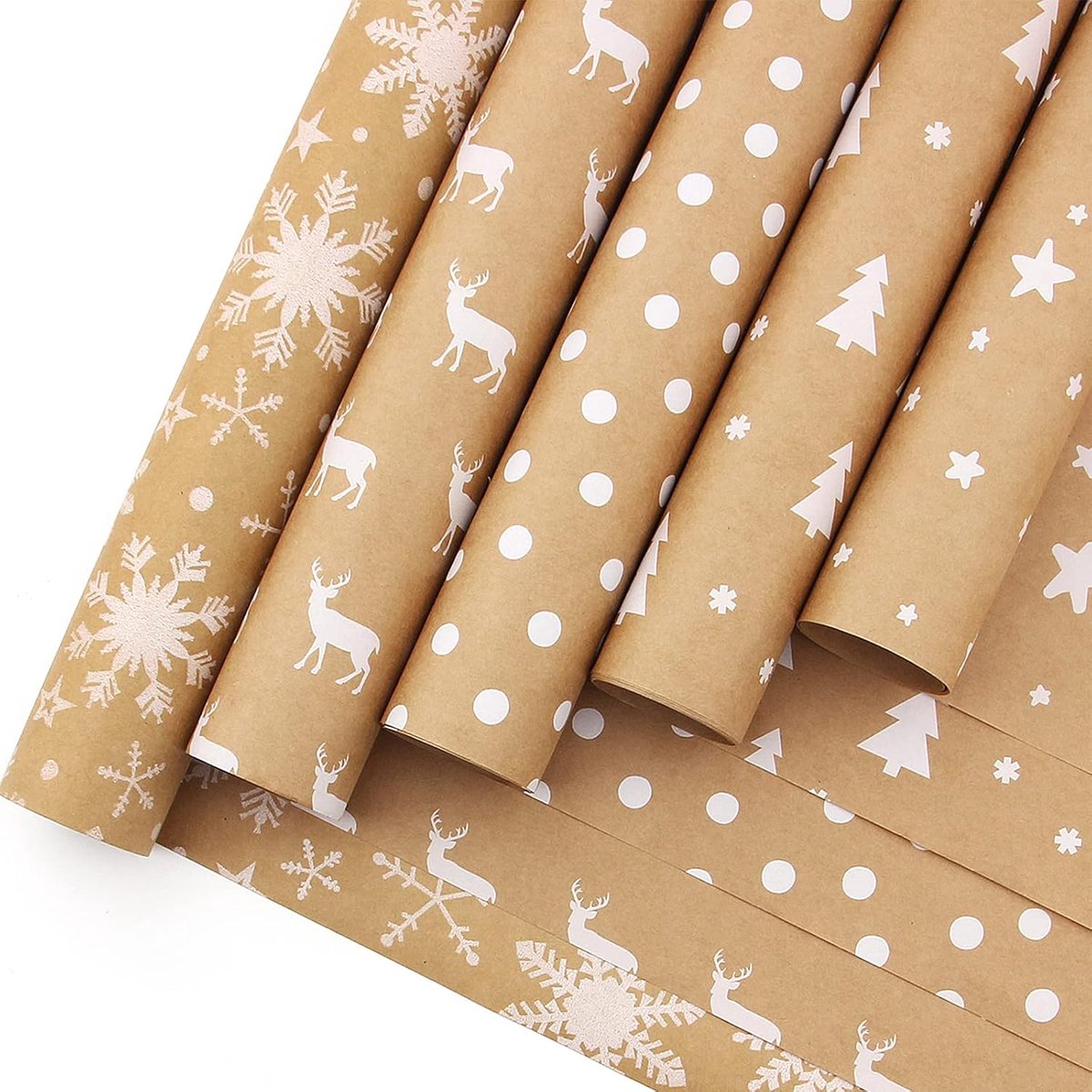 Cadeaupapierrrollen 5 rollen 44cm x 3m - Bruin kraftpapier - Kerstpatronen - Ideaal voor kerstcadeaus - ShopVlot
