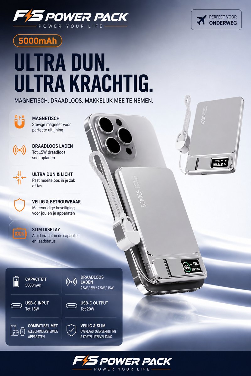 Ultra Slank Aluminium Magnetische Draadloze Powerbank 5000mAh / 10000mAh –Snellader-Fast Charging, Led Display, Portable, Ultra Slim 22.5W Snelladen – 15W MagSafe Draadloos – FS Power Pack Aluminium – Telefoonstandaard – LED Display – Oranje/Zilver — cadeau in Elektronica - foto 4