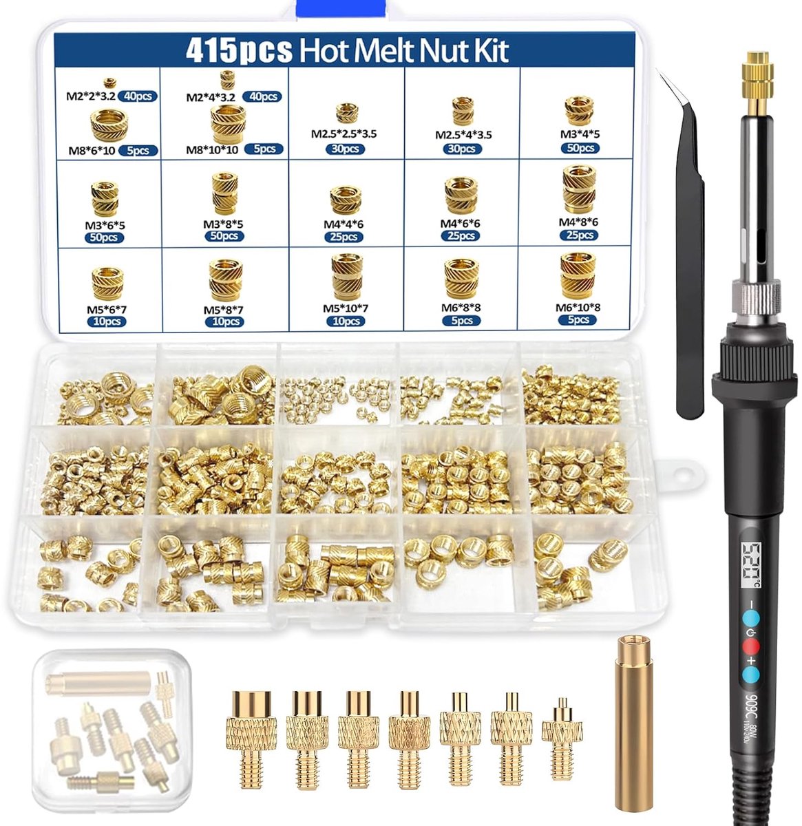 Draadinsert set 415pcs - M2/M2.5/M3/M4/M5/M6/M8 - Inclusief soldeerset - Perfect voor 3D printen - ShopVlot