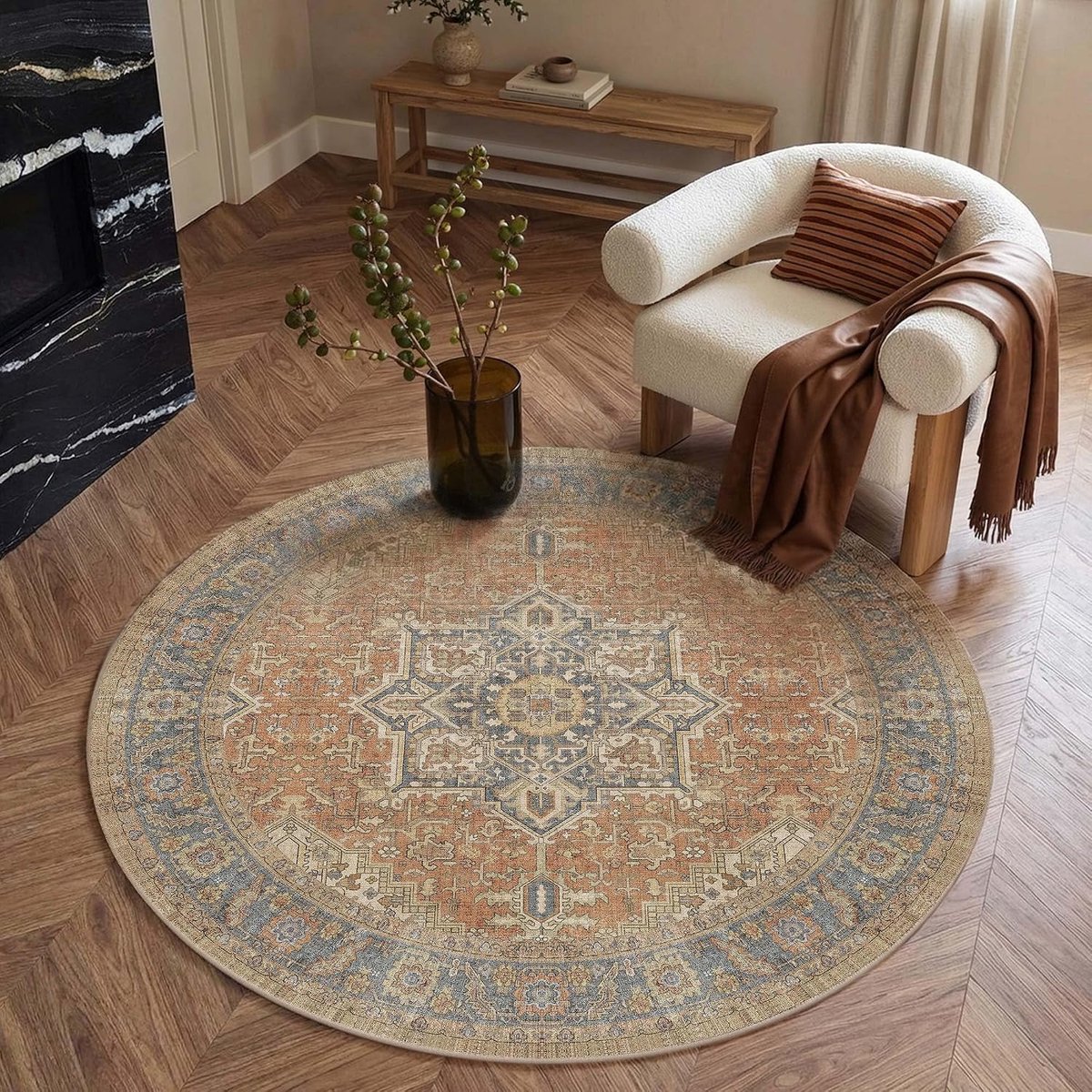 Rond vintage oosterse vloerkleed 120 cm - wasbaar - medaillonpatroon - zacht voor kinderkamer - ShopVlot