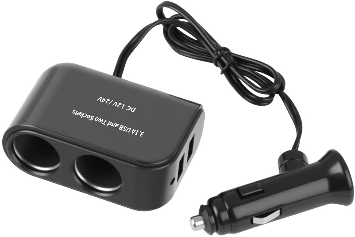 Dubbele 12V/24V stopcontact met 2 USB-poorten - autolader met verlengstuk - ideaal voor auto en camper - Amztour - ShopVlot
