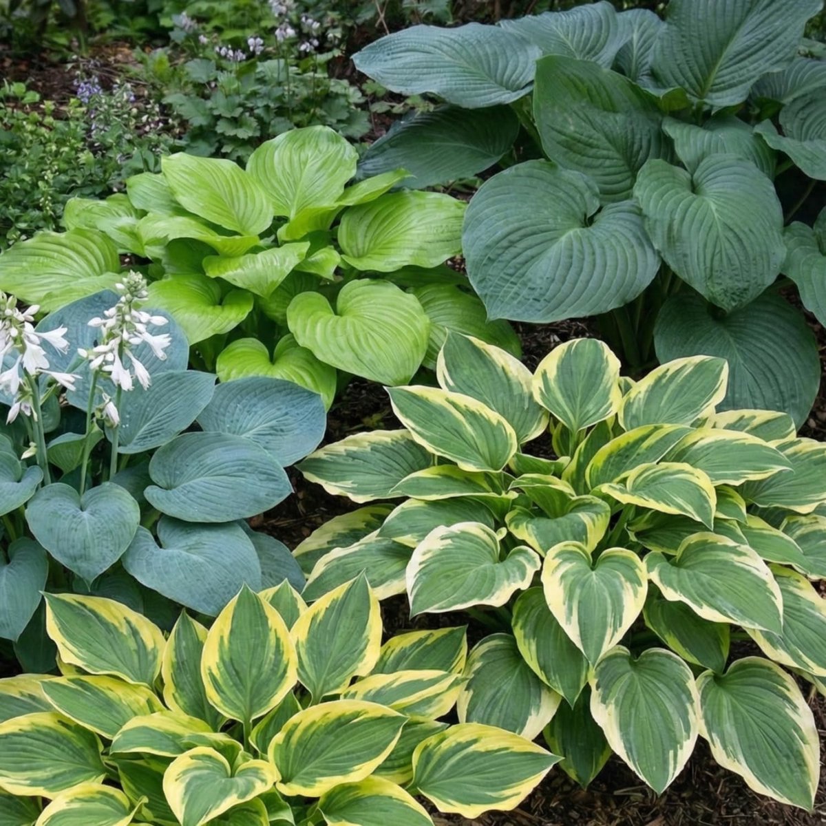 Vaste planten van reuzen hosta's, mix van 5 hybriden in 5 varianten, grote winterharde hosta's met blote wortels uit Nederland (geen zaadknollen). Perfect als bodembedekker in de schaduw.