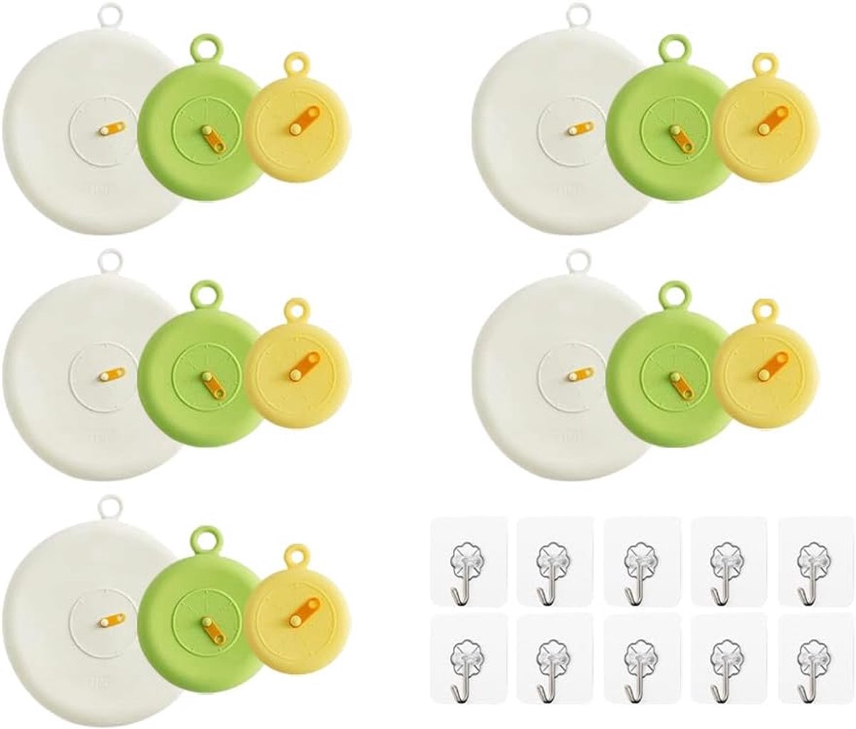 deksels, 12 stuks siliconen deksels, rekbaar, vershouddeksel, rond, keukendeksel van siliconen met 10 transparante haken, voor bekers, glazen, dranken, 3 maten, 3 kleuren