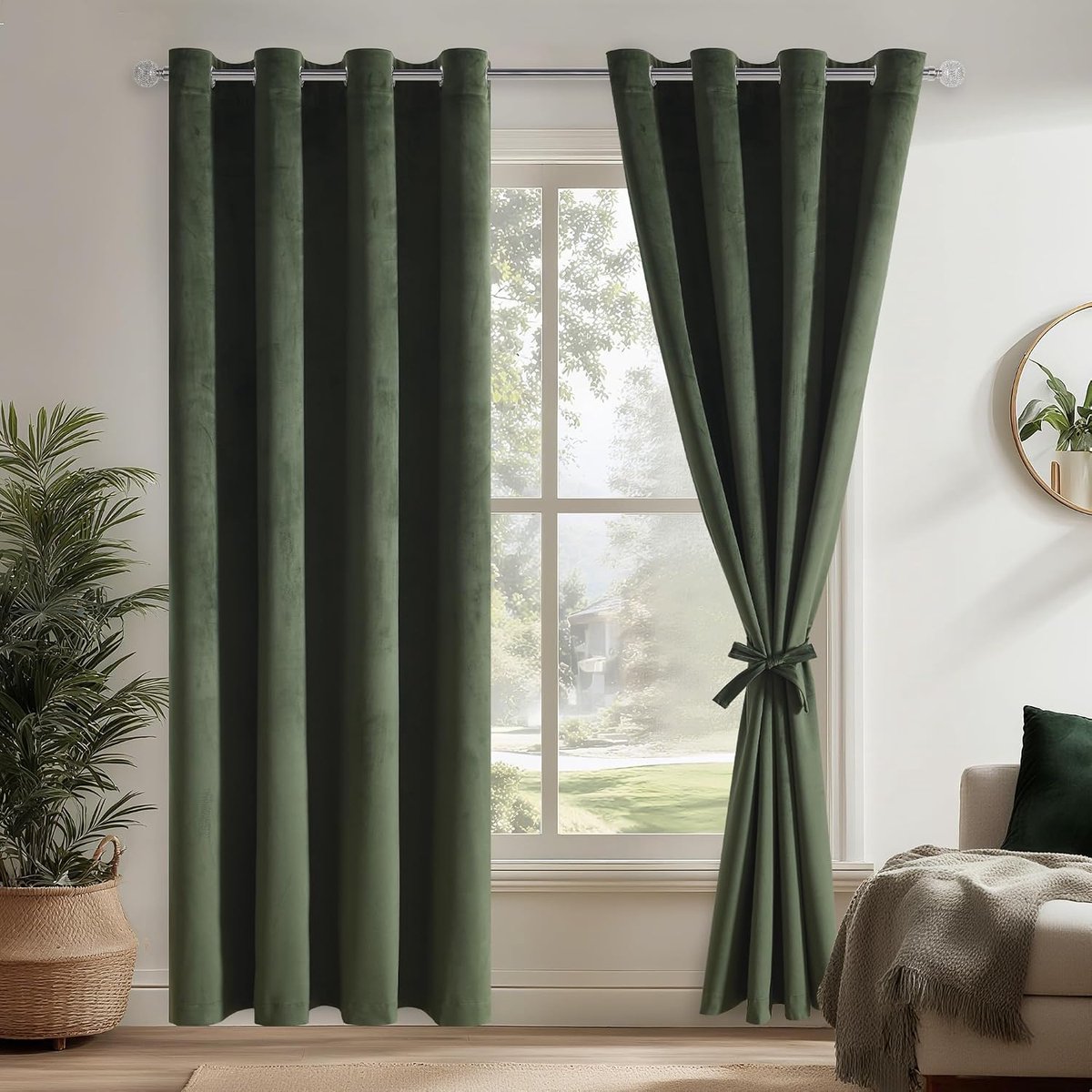 Olijfgroen thermogordijn, fluweel, inslagringen, set van 2, 225 x 132 cm (h x b), met gordijnstropdassen, zacht, koudebescherming, ondoorzichtig, fluwelen gordijn voor gordijnen, woonkamer