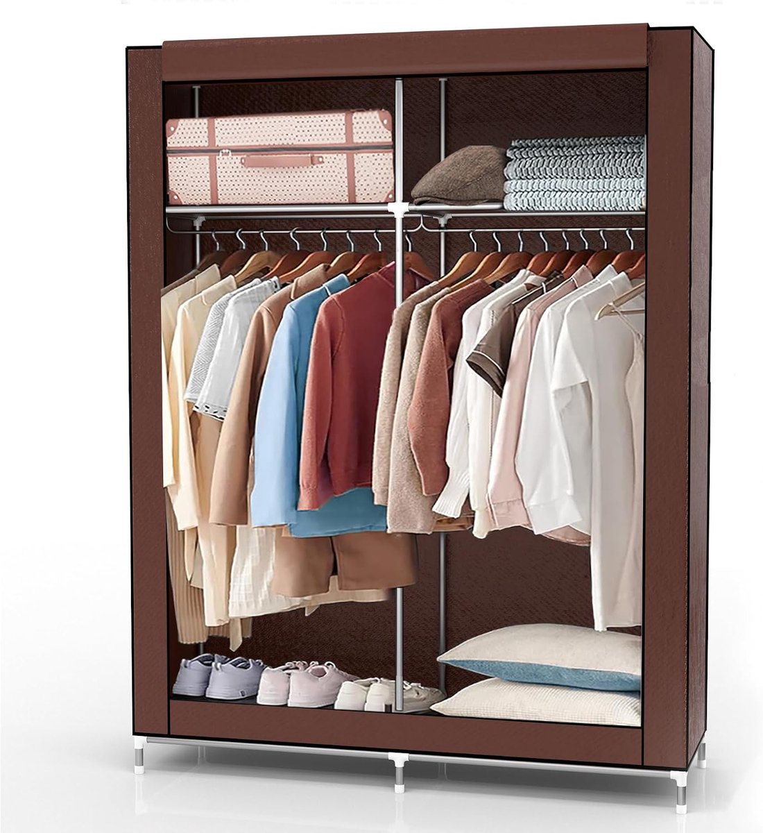 stoffen garderobe 108x170x45 cm in Beaver Brown-afsluitbare vouwcanvaskast met ritssluiting, zijzakken en hangende rail-niet-geweven opvouwbaar textiel