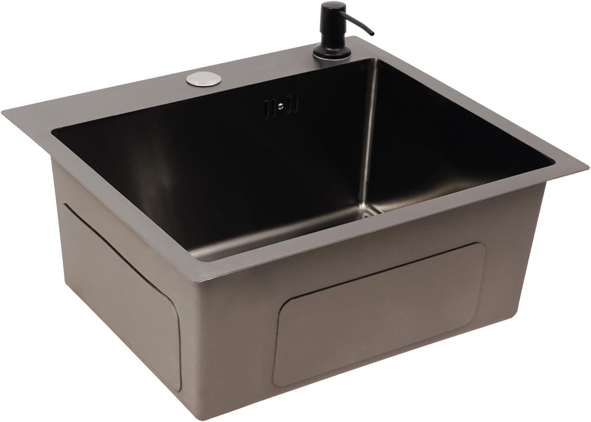 45x40 cm, zwarte inbouwspoelbak met zeepdispenser | Van roestvrij staal 201, 20 cm diep, met nano-coating, afdruipmand en afvoerset voor opbouw, inbouw of onderbouw