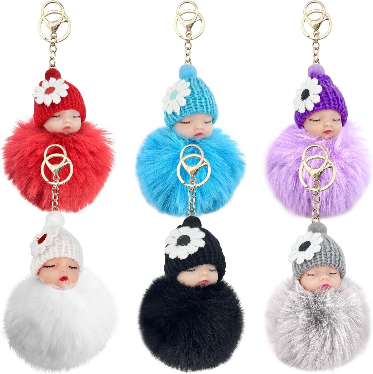 6 stuks slapende baby sleutelhangers, 6 kleuren 8 × 8 × 12 cm | Slapende babypop sleutelhanger voor doe-het-zelf sleutels portefeuilles rugzakken handtassen tas