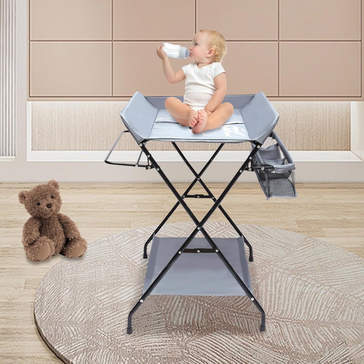 Mobiele luiertafel, inklapbare commode met aankleedkussen, veiligheidsgordel voor kinderen, opbergvakken (donkergrijs)