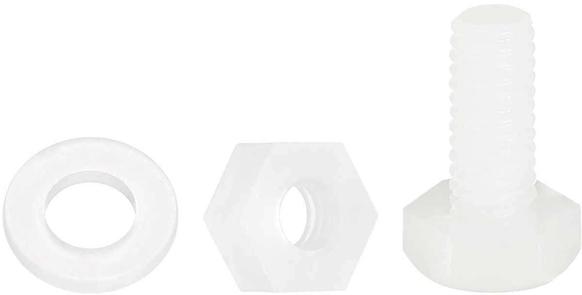 Set van 50 zeskantschroeven, nylon, M4 x 10 mm, zeskantkopschroeven, kunststof, volledige schroefdraad, met moeren en sluitringen, voor elektronische industriële accessoires, wit