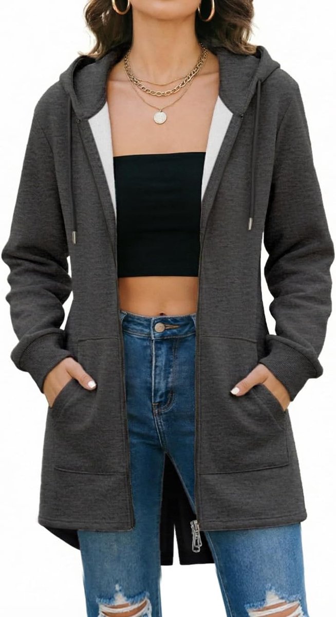 Jas met capuchon voor dames, oversized met ritssluiting, warme winterjas, mantel, lange mouwen, cardigan met capuchon, gebreide jas met zakken