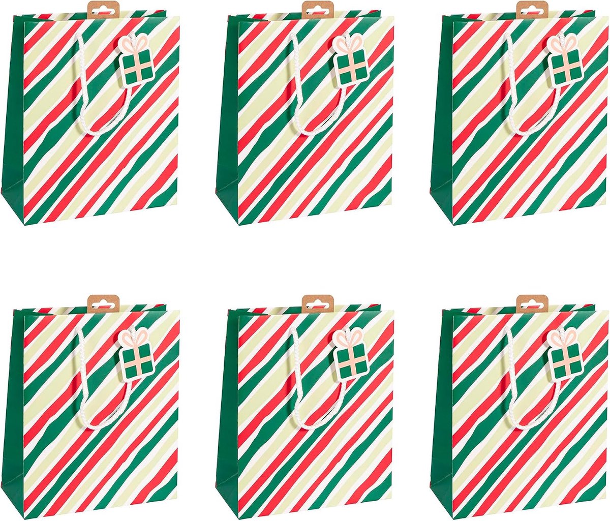 - X-30882-3Cpack - Een Set van 6 Cadeauzakken voor Kerst - Middel Formaat 21,5x10,2x25,3cm - Strepen - Superieure Kwaliteit, Stevig: 210g - Ideaal voor: Boek, Spellen, Kleine Cadeaudozen
