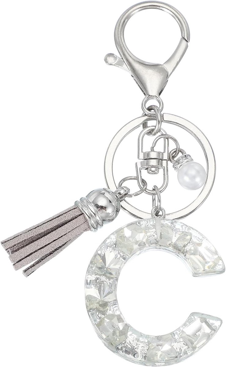 Eerste letter Sleutelhanger Met Kwastje En Kralen, Alfabet Letter C Sleutelhanger Met Strass En Ring Voor sleutels, Handtassen, Autosleutels, Kopje, Zilver