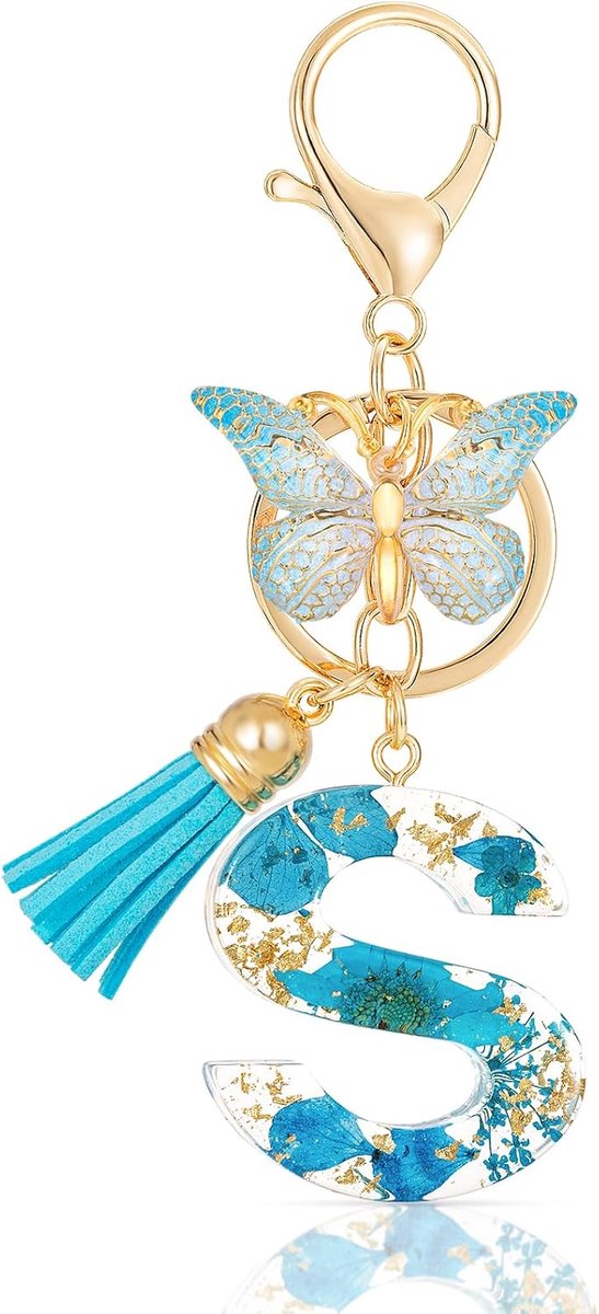 Initial Letter S Sleutelhanger Hars Alfabet Sleutelhangers, Blauwe Bloemblaadjes Gouden Folie Sleutelhanger Charm met Vlinder Kwastje Hanger, Kawaii Sleutelhanger voor Vrouwen Geschenkideeën