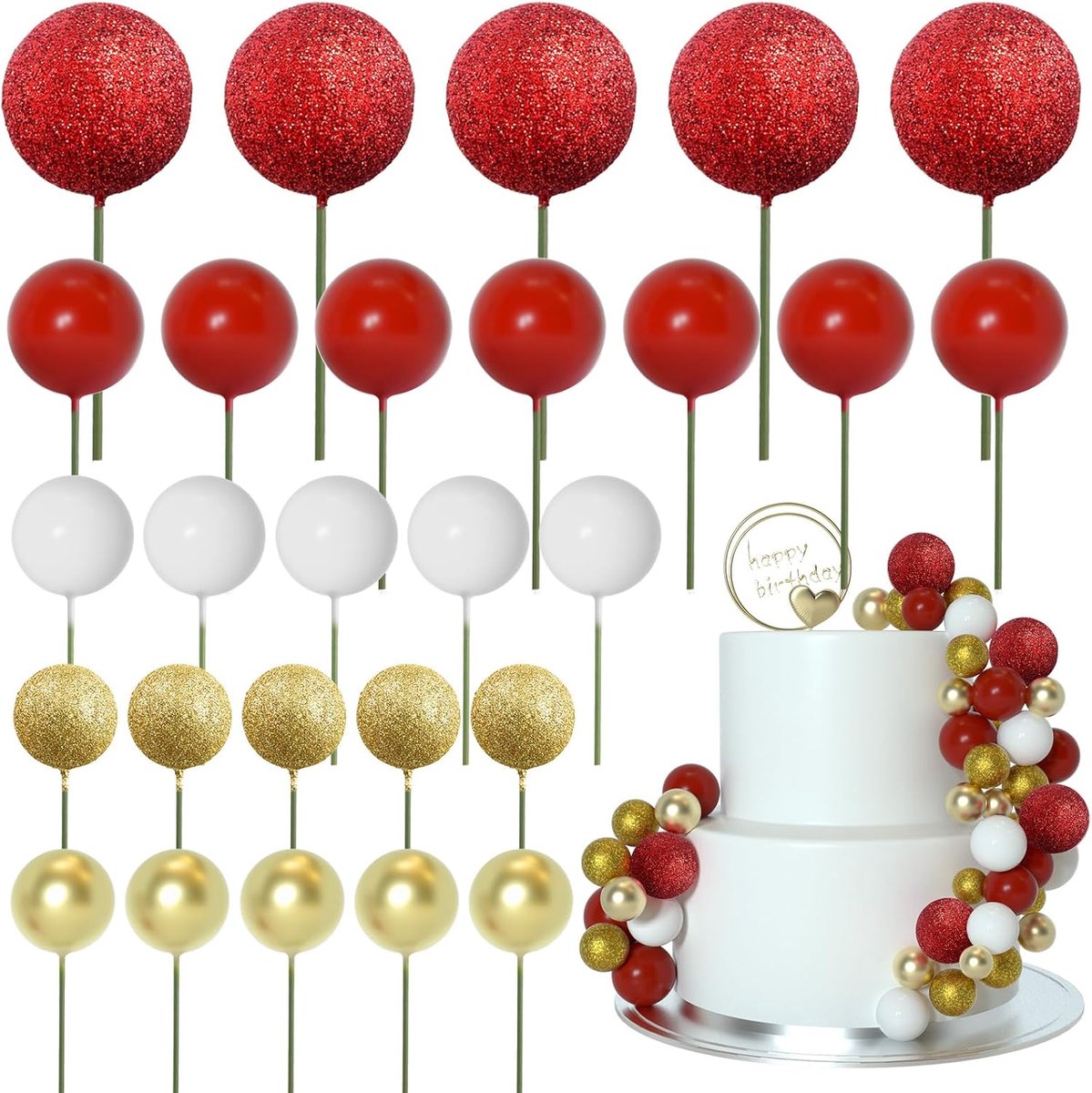 50 stuks baltaarttoppers, mini-ballonnen voor taartdecoratie, benodigdheden, schuimballen, taartdecoraties voor bruidstaart, verjaardagstaarttoppers, decoraties (goud, rode serie)