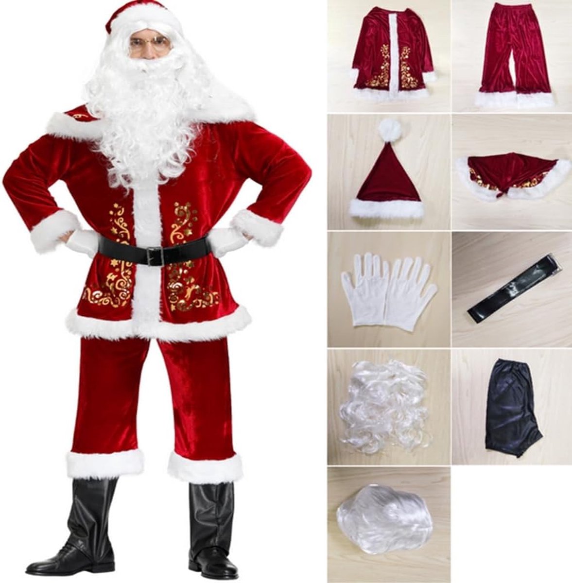 Kerst Kerstman Kostuum Voor Mannen 9 Stuks Kerst Set Volwassen Fancy Dress Deluxe Fluwelen Kerstman Cosplay Kostuum Pak Rood