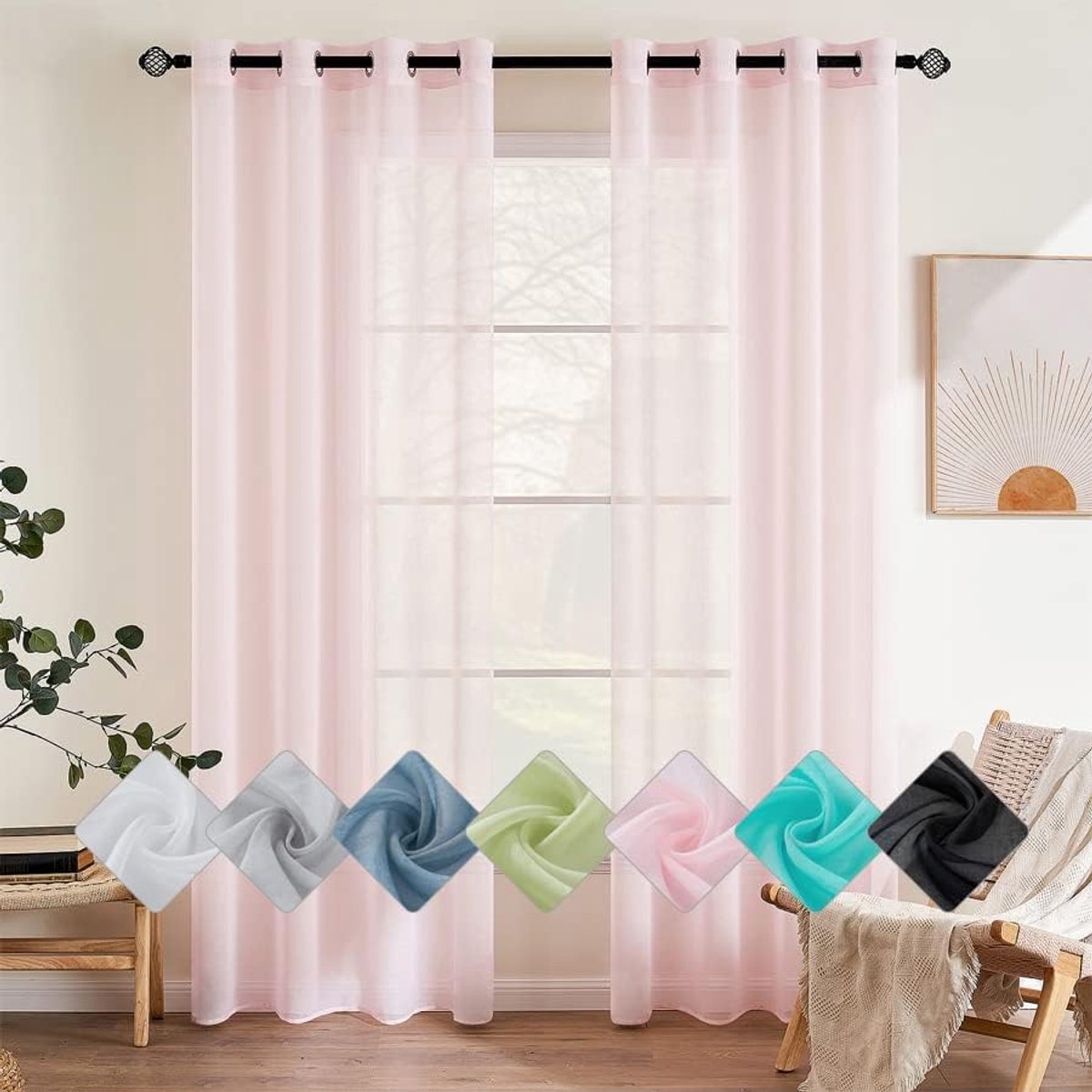 Transparante gordijnen, 2-delige set, voile, polyester, gordijnen met inslagringen, woonkamer, gordijnen met ogen, vitrage, luchtig, decorat