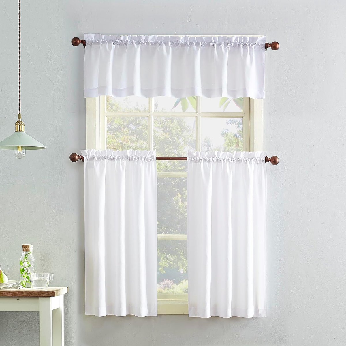 918 Martine Microvezel Semi-Sheer Rod Pocket Keuken Gordijn Volant en Lagen Set, 54" x 36", Wit